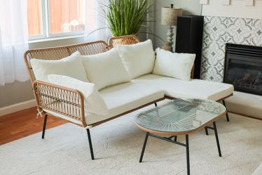 Boho 3-Piece L shape Handwaven Wicker Patio Conversation Set with Round Table and Off White Cushion