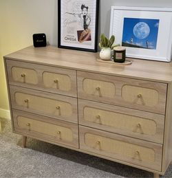 Rattan 6 Drawer Dresser w/ Gold Knobs