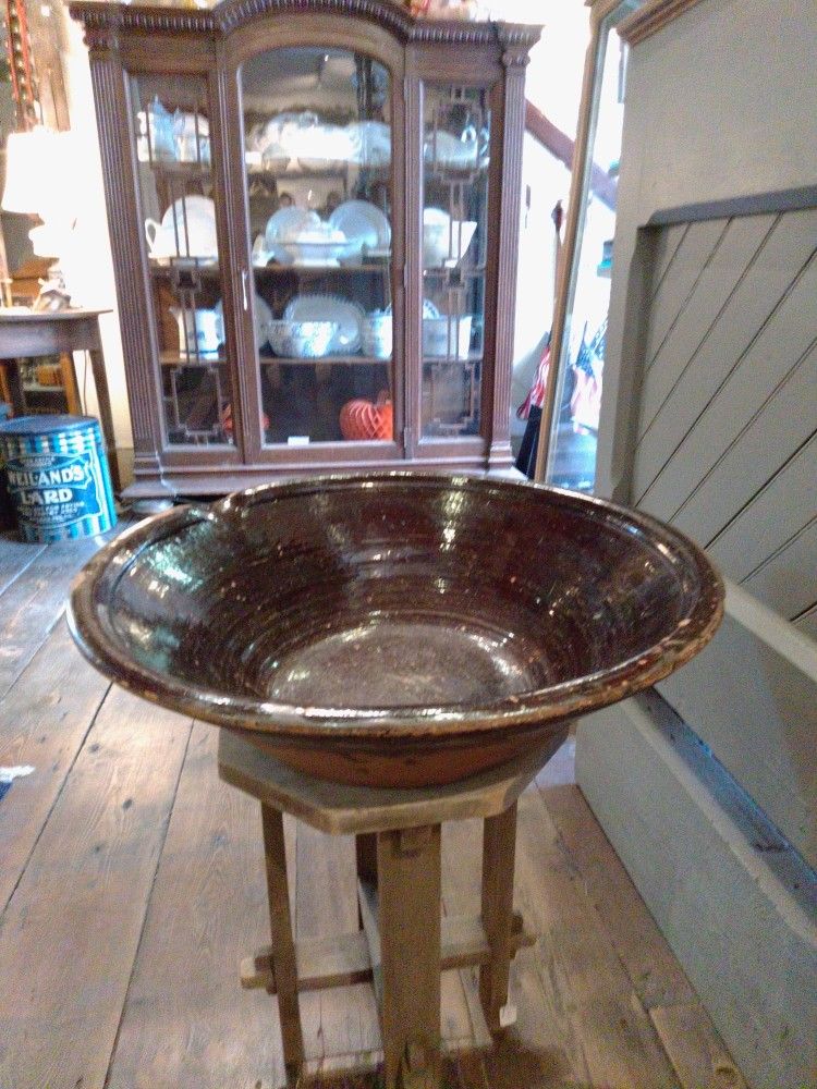 Massive Antique Primitive Farmhouse Redware Bowl