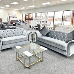 Sophisticated style, rolled arm Silver velvet upholstered Sofa Set w/sparkling crystals  