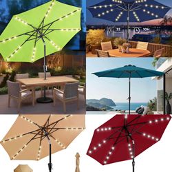 9FT Patio Umbrella with Solar Lights, 32 LED Lighted Pool Umbrella w/Tilt and Crank,