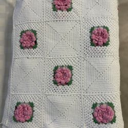 3D Crochet Roses Twin Size Blanket Hand Made 