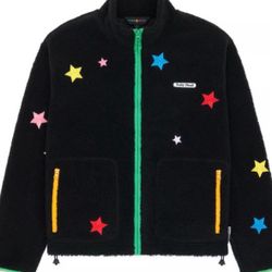 Teddy Fresh Star Sherpa Jacket, a black fleece jacket with colorful embroidered stars and a bright green zipper and trim size L