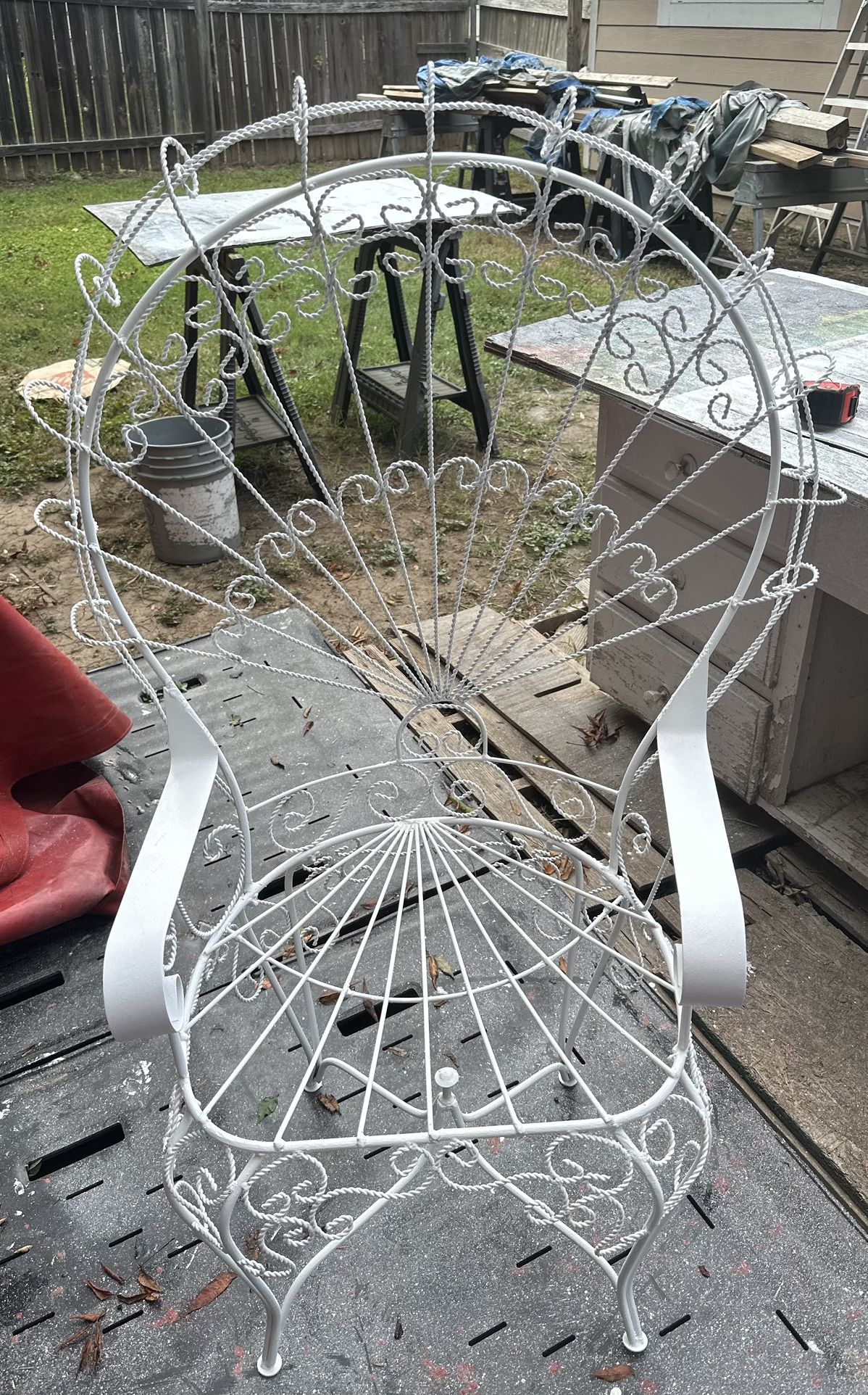 Newly Restored Vintage Salterini Style White Wrought Iron Peacock Chair
