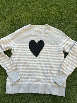 Loft Gray & White Striped Black Heart Sweater Size M