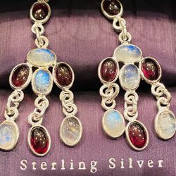 Solid 925 Sterling Silver 13.47cts Natural Ruby And Rainbow Moonstone Earrings Thumbnail