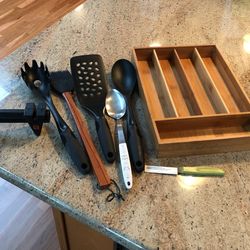 Bamboo Organization Tray And Kitchen Utensils 