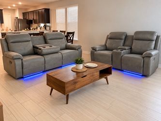 Wide seated Power Recliner Sofa sets 3 seater plus Loveseat with cup holders LED lighting
