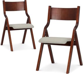 Padded Folding Chairs Set of 2, Portable and Durable Wooden Foldable Chairs for Indoor, Outdoor, Patio, Kitchen, Dining Room, Beige Seat