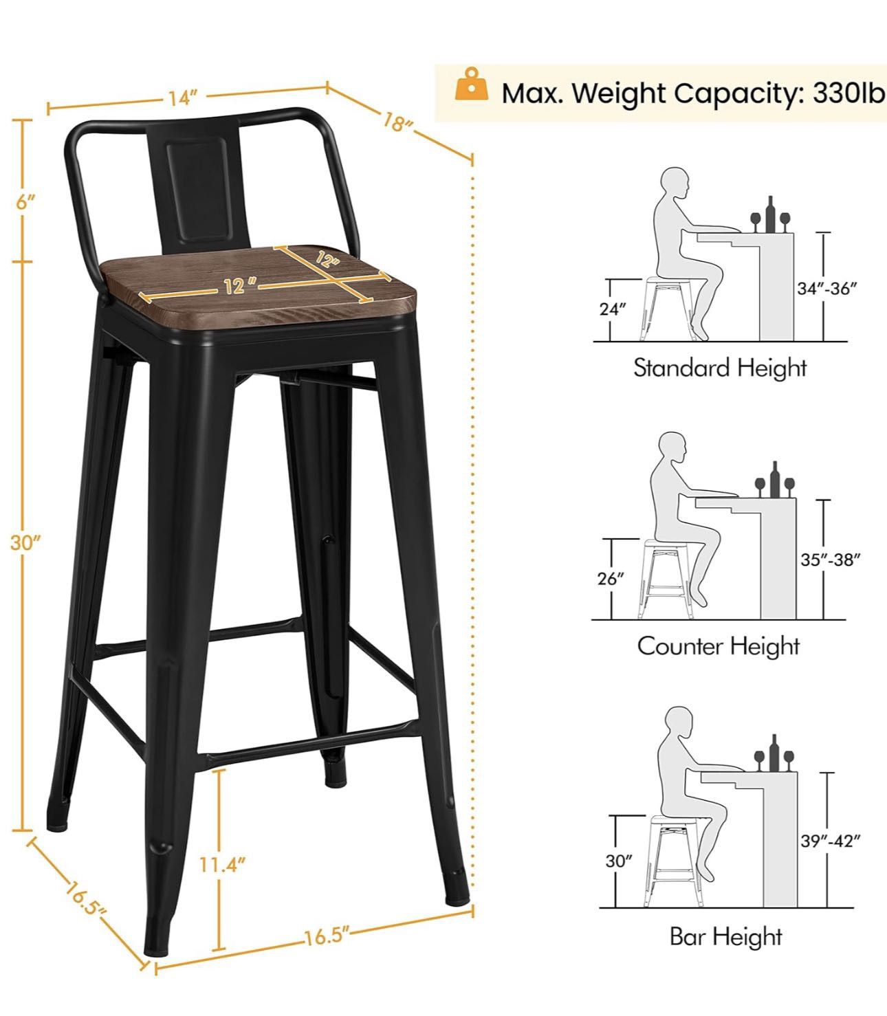 30" Metal Barstools Set of 4 Bar Height Bar Stools with Wooden Top Low Back Industrial Bar Stools Metal Stool for Indoor-Outdoor Counter Stools with W