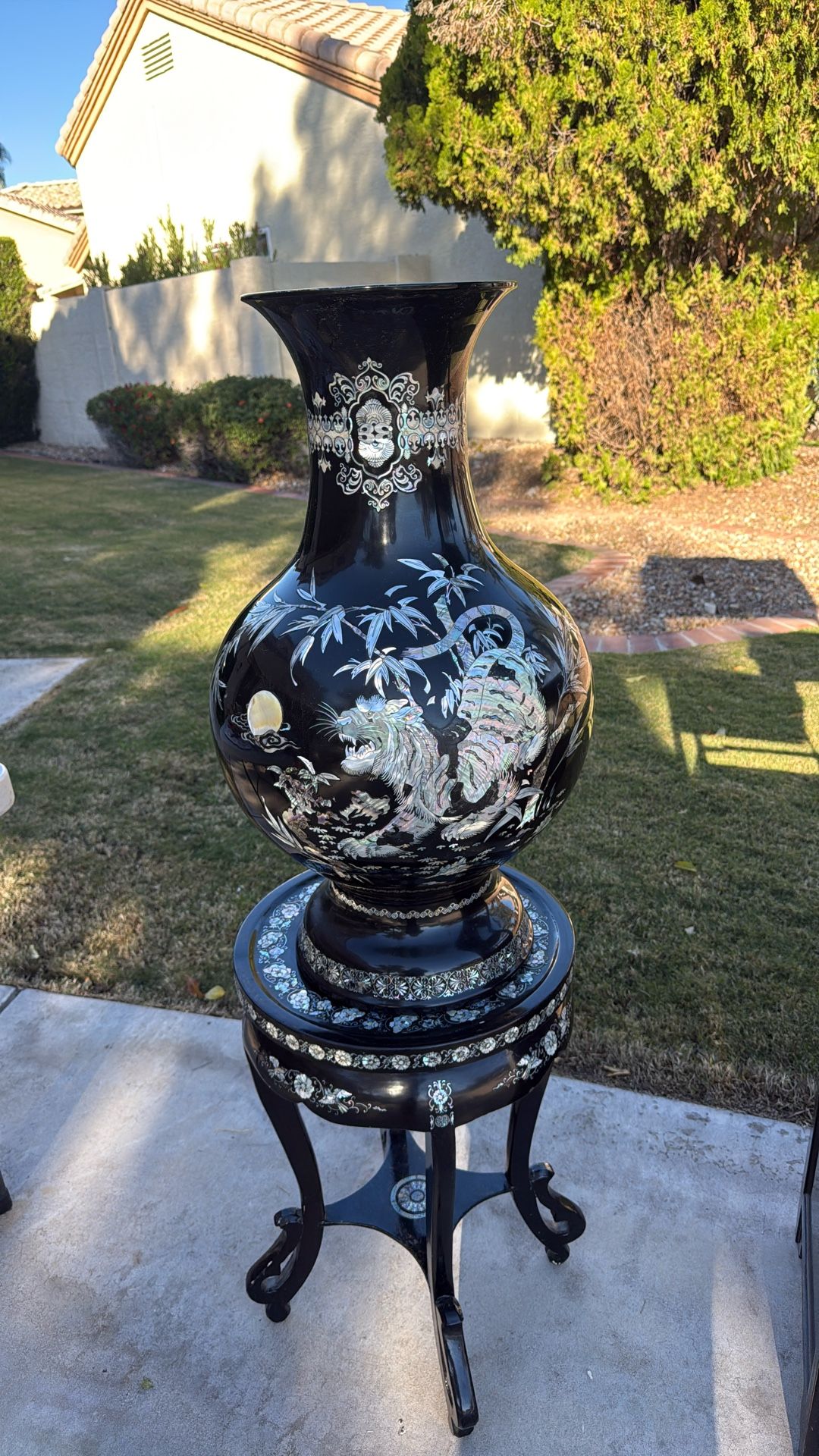 Korean Mother Of Pearl Inlaid Vase And Stand 