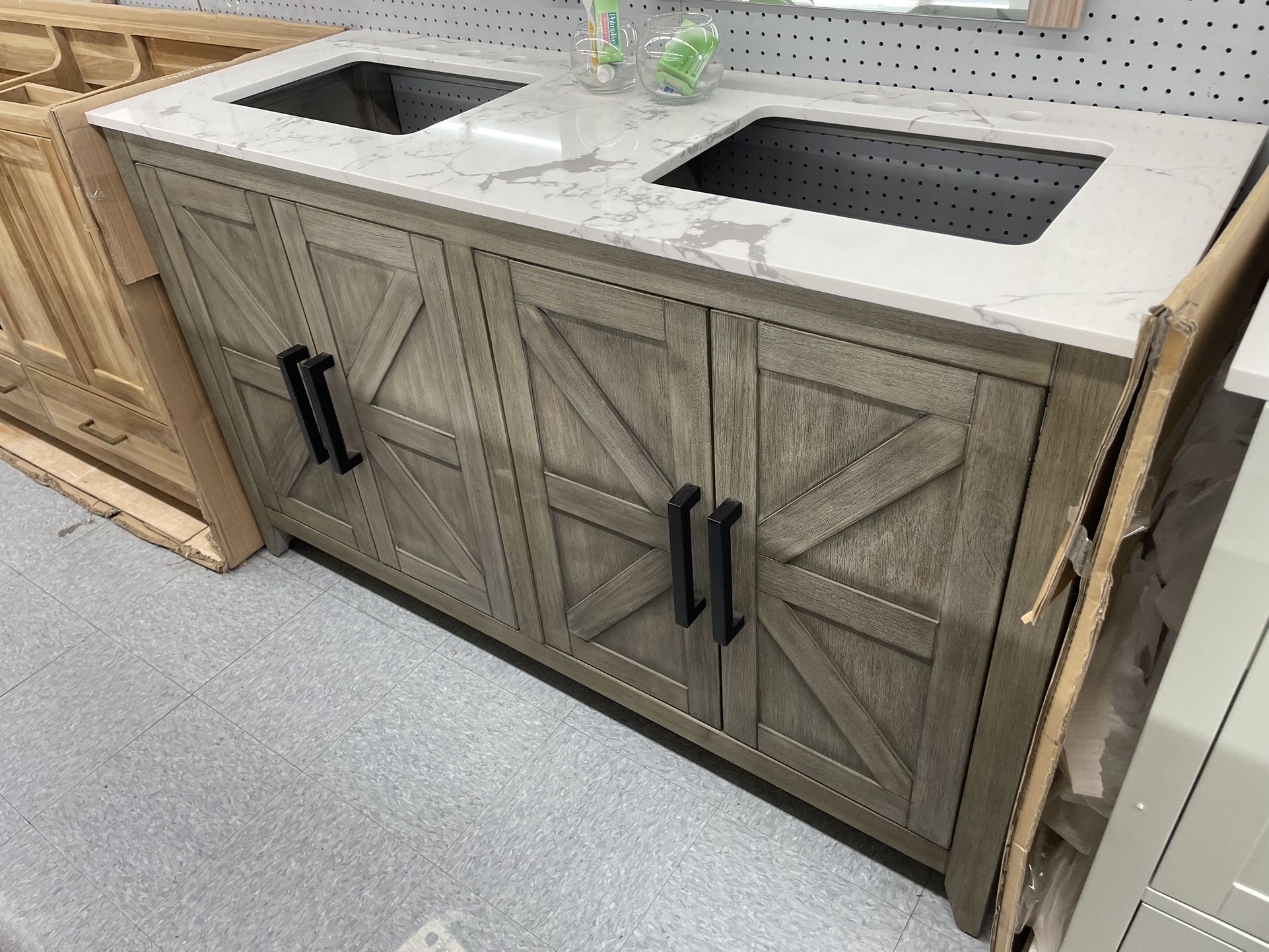 Bathroom Vanity Cabinet 60” Solid Mango Quartz Top With Sinks And Backsplash