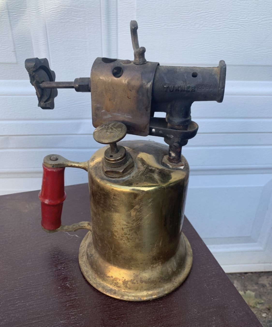 Vintage Red Wood Handle Antique Turner Brass Gas Blow Torch Model: 30AT