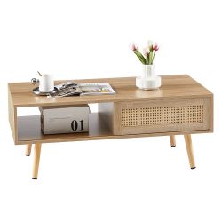 Rattan Coffee Table with Sliding Door and Solid Wood Legs – Modern Living Room Furniture