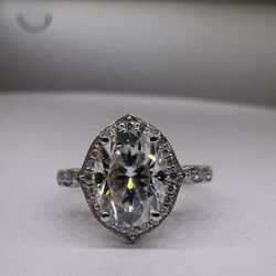 3 Carat Oval Moissanite Diamond Engagement Ring With Vintage Style Halo And Band 