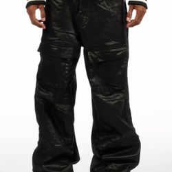 Yuri Black Baggy Cargo Flare Coated Pants