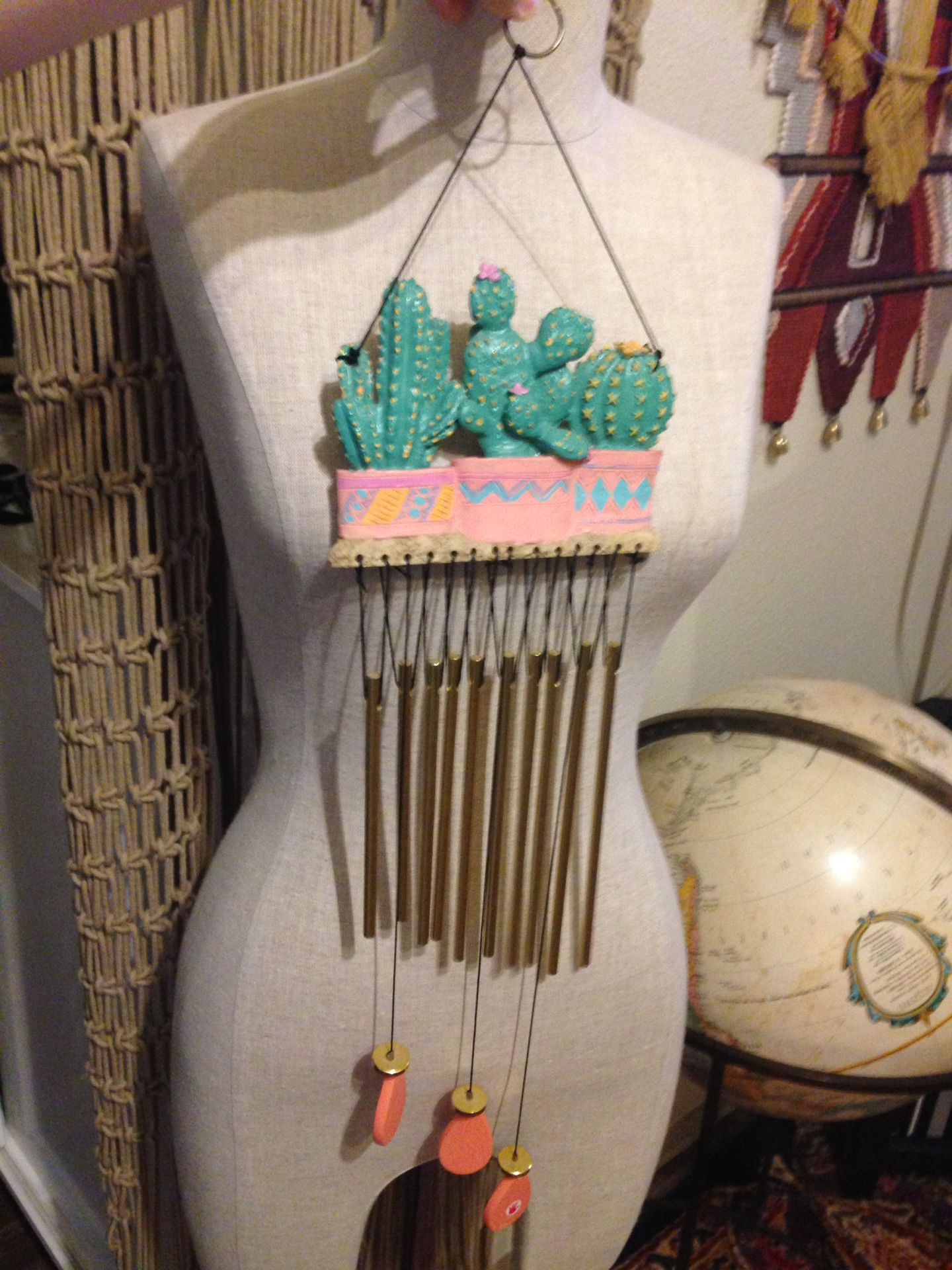 Vintage southwestern cactus cacti 🌵 in clay pot resin decor wind charms wind chimes wall hanging inside / outside decor