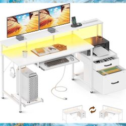 White 54" Computer Gamer Desk with LED, Reversible Shelf and Integrated Outlet/USB Charging Station. New, In Box