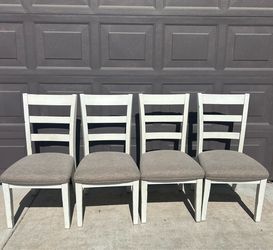 Pretty White Solid Wood Dining Chairs With Grey Cushioned Seats (4)