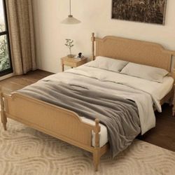 Traditional Style Rattan Queen Size Bed Frame No Box Spring Needed Antique Walnut
