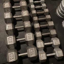 8 Pairs Of Steel Cast Iron Hex Dumbbells - 5’s, 15’s, 20’s, 30’s, 40’s, 60’s, 65’s And 75’s