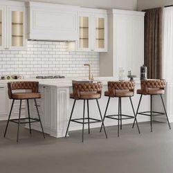 34.25 in. Braided Bar Stools Set Counter Height Kitchen Island Stools w/ Back Support, Brown Metal Bar Chairs (Set of 4)