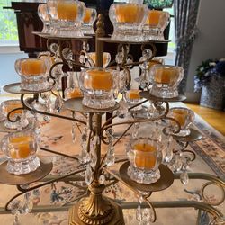 Beautiful Brass  And Glass Candelabra With Matching Candlesticks  $85