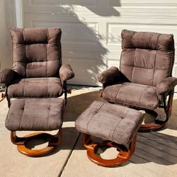 TWO ADJUSTABLE SWIVEL CHAIRS & LEG RESTS , NOW MARKED DOWN to $325  NEW UPOLSTERY, LIKE NEW    (each reupholstered set cost  $300x2=$600. )