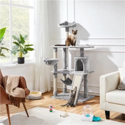 63.5″ H Cat Tree, Deluxe Multi Level Cat Tree Condo with Basket & Hammock & Scratching Post & Foam Edge Perch & Fur Ball Cat Furniture for Small/Mediu