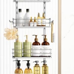 Orimade Adjustable Hanging Over the Shower Door Caddy,Bathroom Organizer Shelf Storage with 4 Hooks for Razor,No Drilling Rustproof Shower Rack Basket