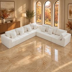 Beige Chenille Oversized Boneless L-Shape Sectional Sofa.