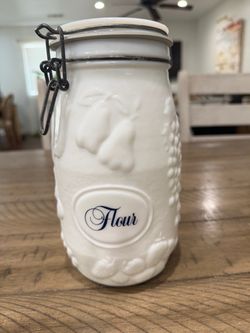 White milk glass Flour Canister with Wire Bail Lid
