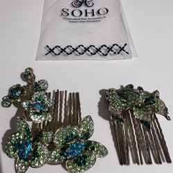 SOHO Rhinestone Hair Combs Set | Blue Green Gold | NEVER WORN!