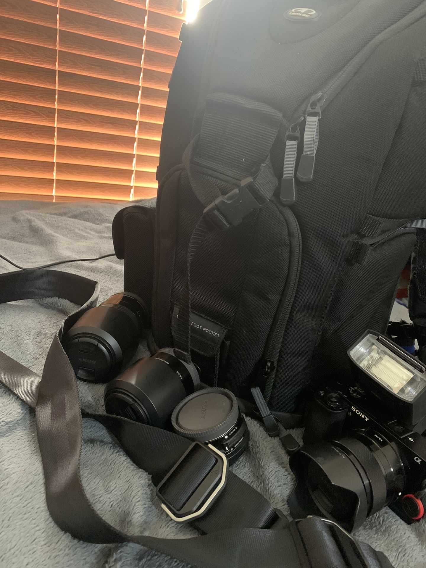 A6000 + lenses + external flash + bag + accessories and extra batteries