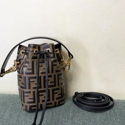 Fendi Mon Tresor Bucket Bag Shoulder Calf Leather Ff/Zucca Brown Black