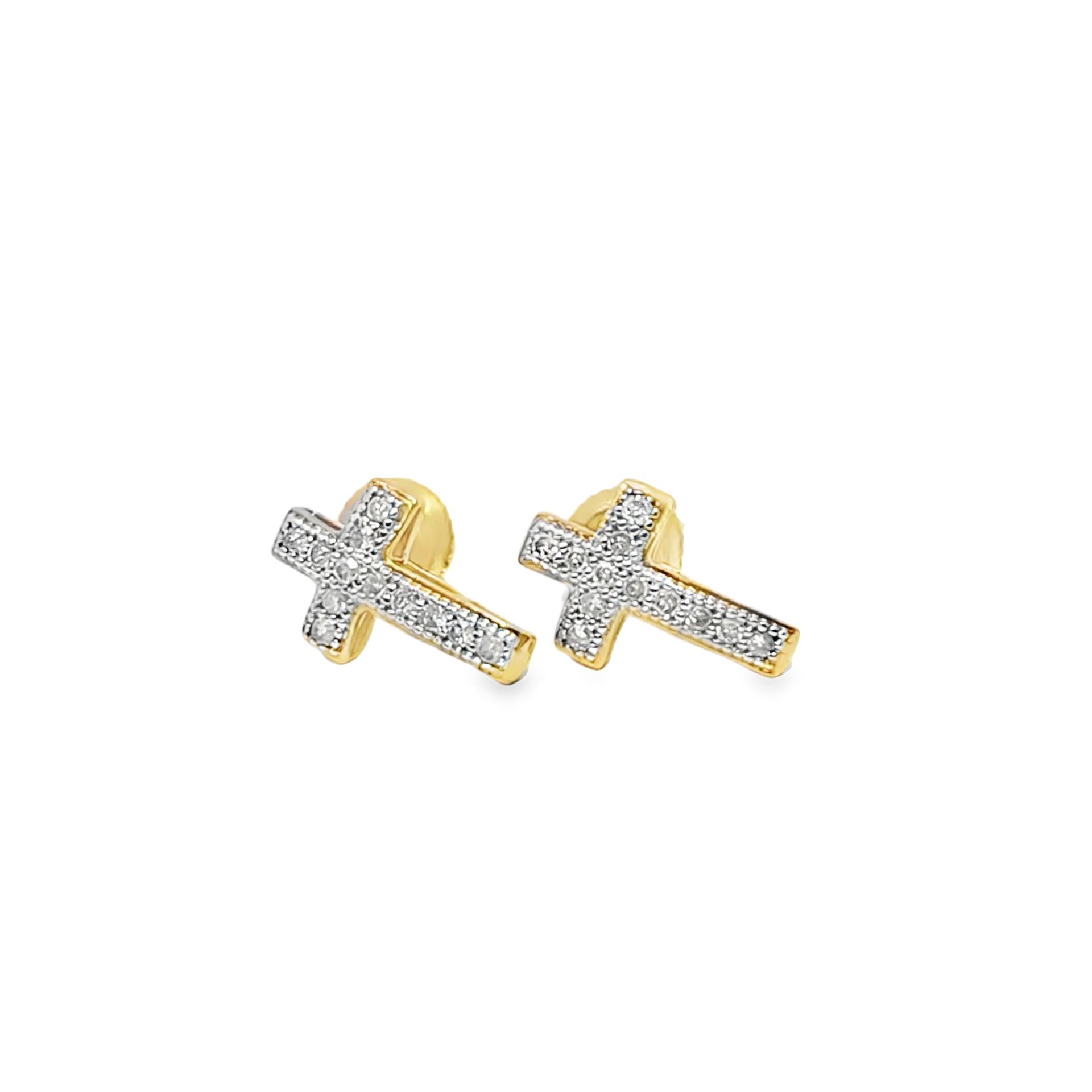 10k Yellow Gold Diamond Cross Stud Earrings 1/10 ctw