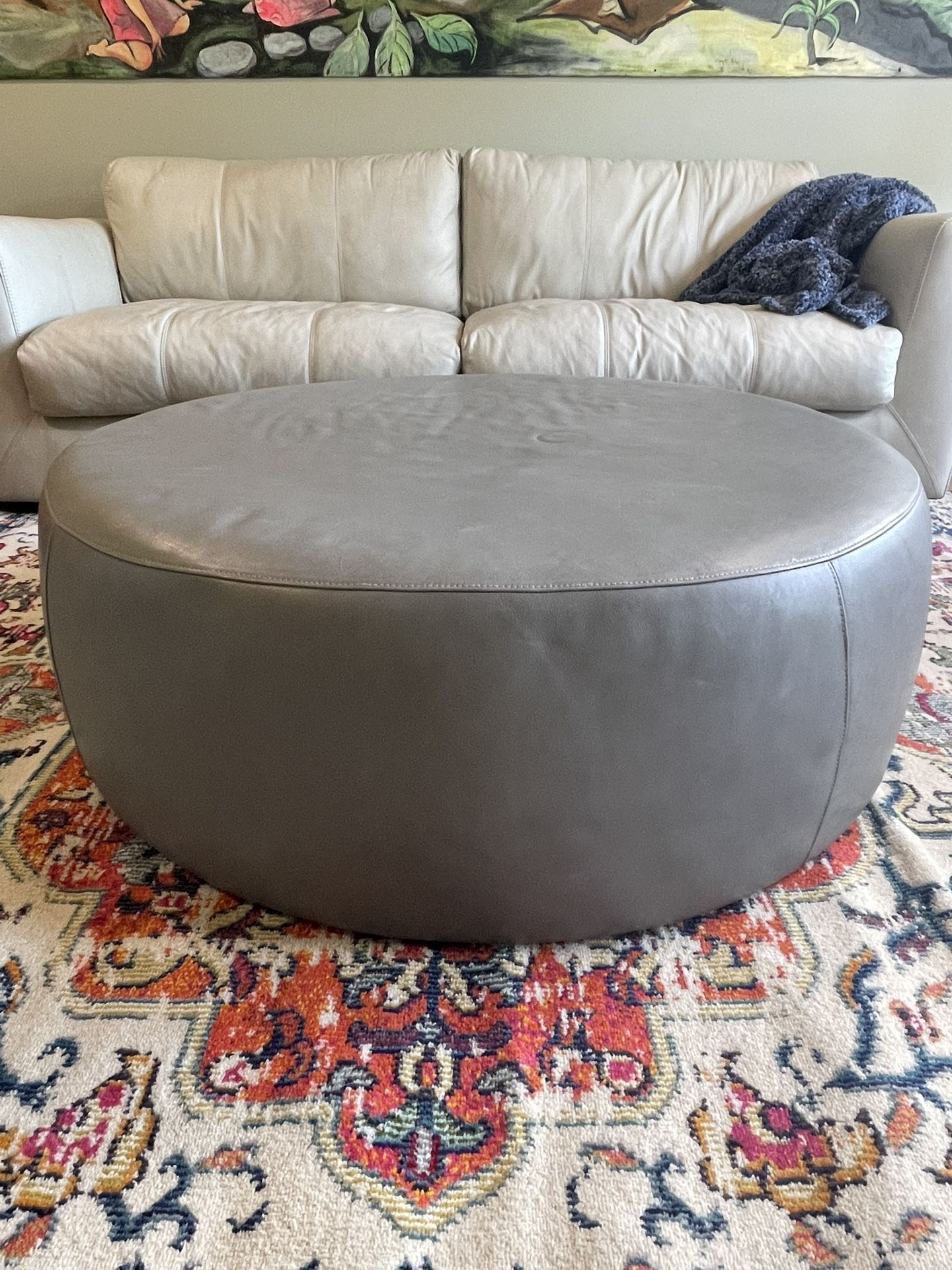 Room & Board 42” grey leather ottoman.