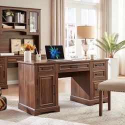Farmhouse Wood 58" Executive Desk, Home Office 30" High Computer Desk with Drawers and Storage Cabinet, White
