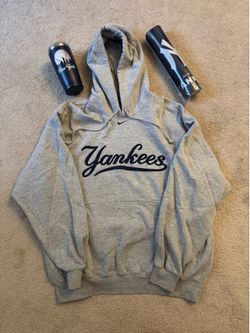 Nike MLB Gray Yankees Script Hoodie with Navy Logo, tumbler, and gaming pad