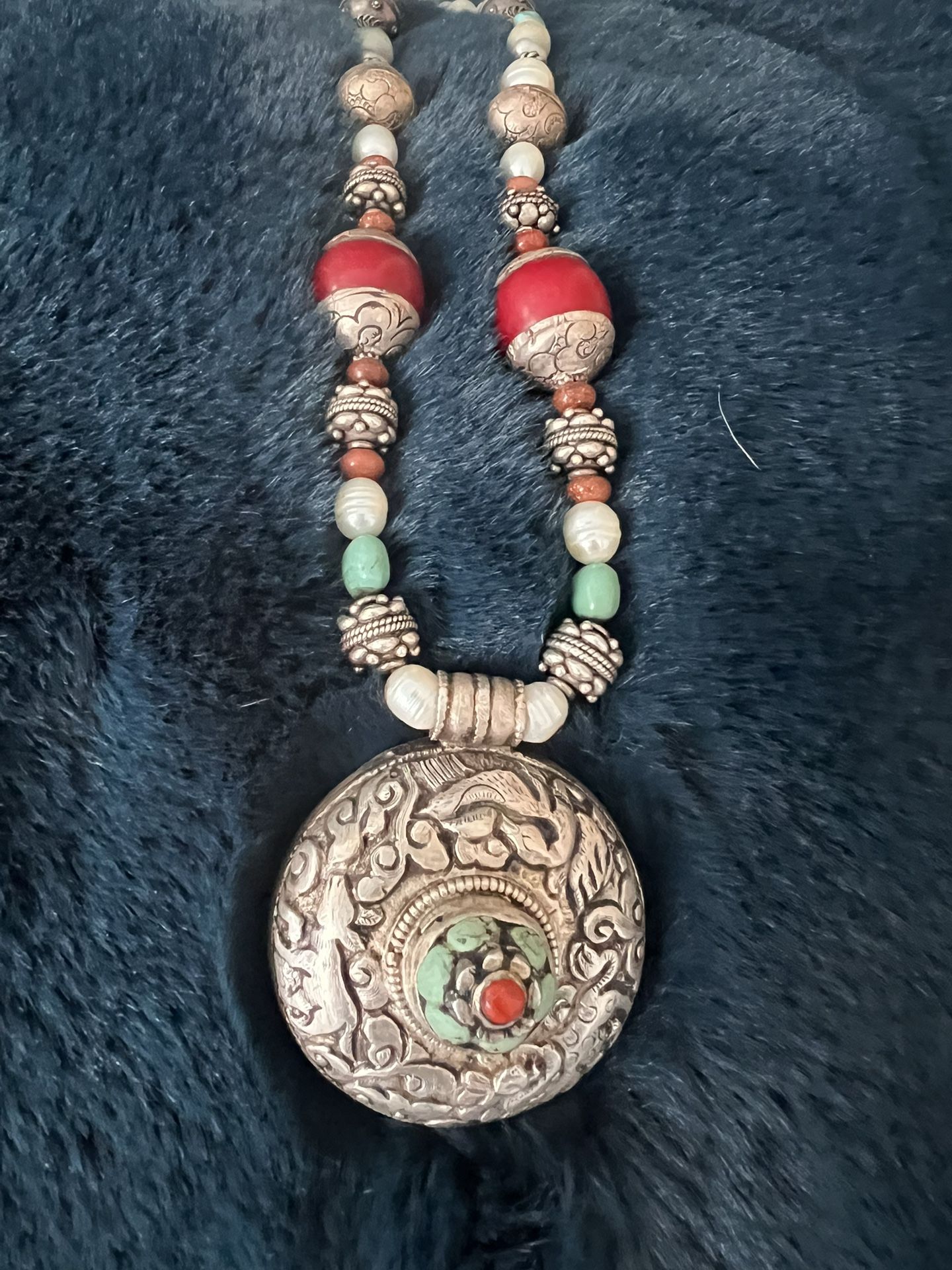 Sterling Super Unique Necklace It has turquoise And red Coral