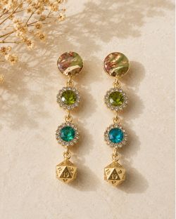 Gold D20 Dice Drop Earrings with Crystal Stones
