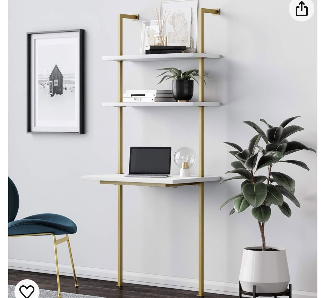  Wall Mount Desk With Shelves, White/Gold Brass