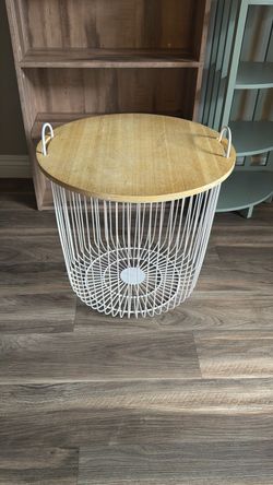Wire Basket Side Table with Wood Top
