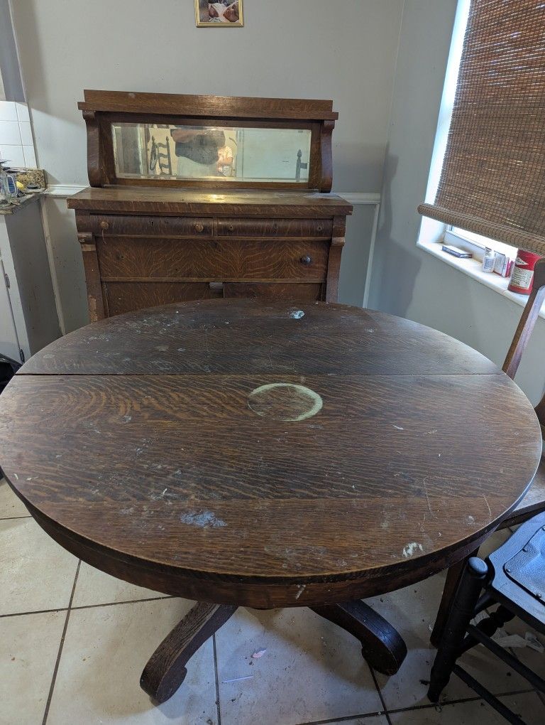 Antique Oak Buffet and 60" round Table with extensions