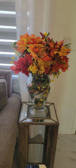 Large Glass Vase with Faux Fall Floral Arrangement