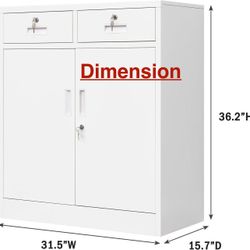 🥨Metal Storage Cabinet, Locking Storage Cabinet with Adjustable Shelf, 36" H Metal Cabinets with 2 Drawers for Office, Garage, Home,White