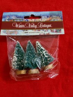 ATICO Winter Valley Cottages Three (3) Small Frosted Green Trees In A Package 