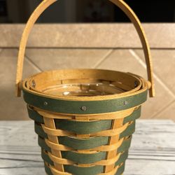 2007 Longaberger Small Round Green & Tan Basket with Plastic Liner 