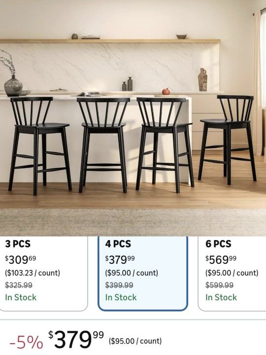 Wood Bar Stools Set of 4, Farmhouse 24" Barstool Counter Stools with Curved Back Counter Chairs for Kitchen Islands Dining Room, Black