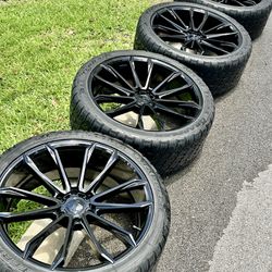 24” DUB Clout Gloss Black 6x139.7 Nitto A/T Tires Fits GM, New Ram 1500, New Tundra